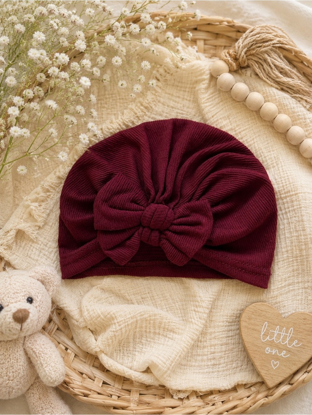 baby girl burgundy bow turban hat